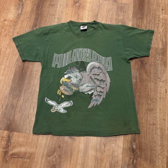 Vintage 90s Philadelphia Eagles Shirt Faded Kelly Green NFL Mens L Distressed - Picture 1 of 10